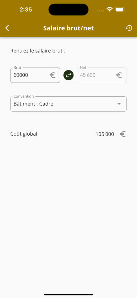 Calculateur de salaire brut et net dans l'application mobile Optra Connect affichant la conversion et le coût global