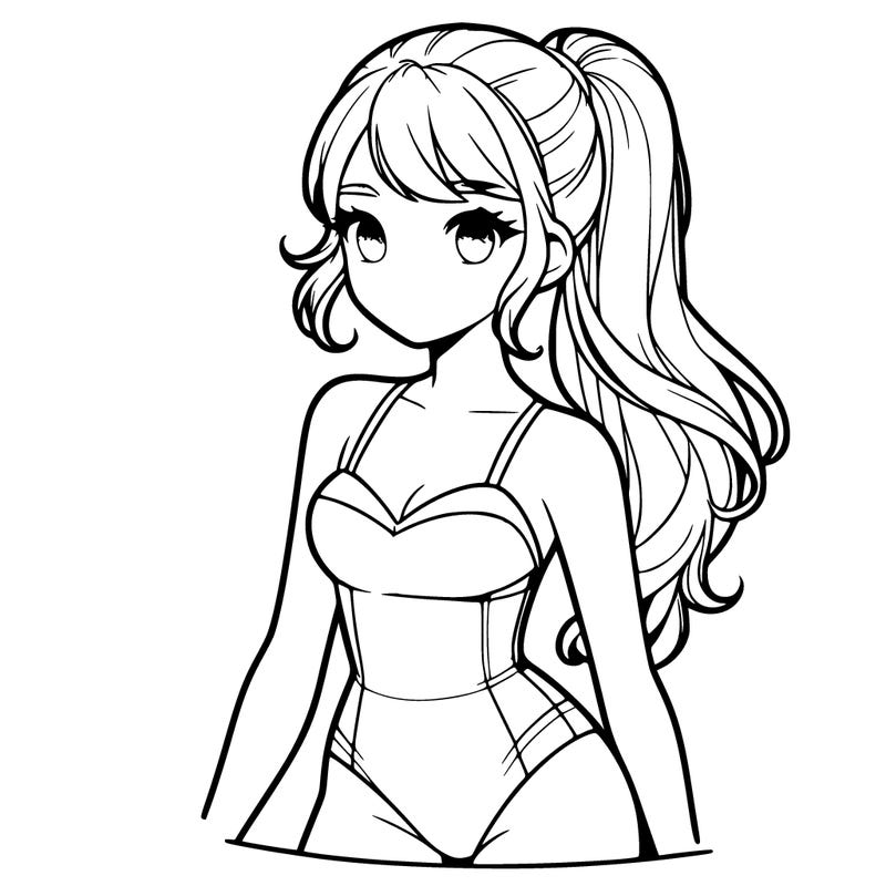 realistic teenage girl in a swimsuit with a ponytail