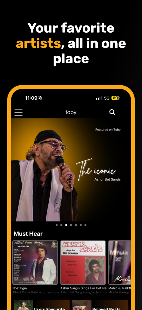 Toby.Audio - Toby.Audio mobile app screen showing featured Aramean and Assyrian music artists with curated playlists