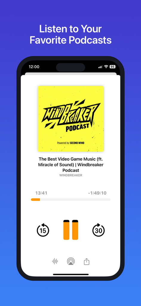 Podcatcher app showing the podcast playback screen with controls