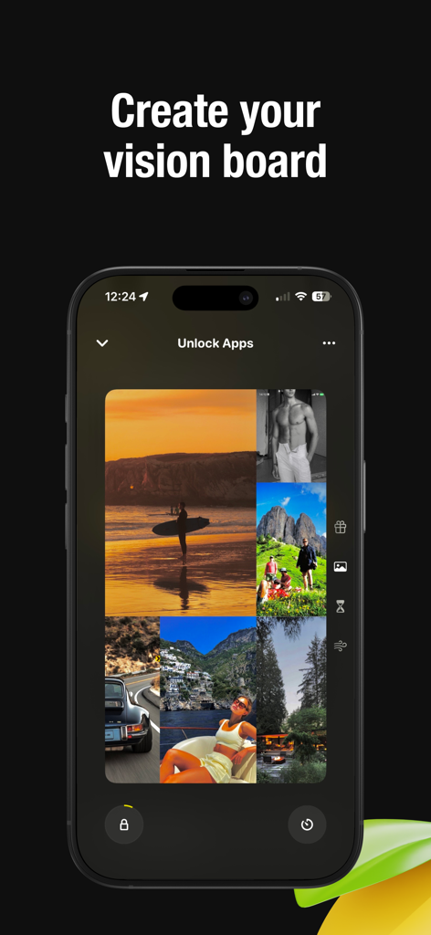 Lemio: Lock In Screen Time - Lemio app interface showing a custom vision board with motivational lifestyle images to help users reduce screen time and stay focused.