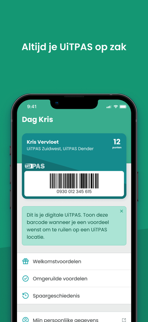 Digital UiTPAS membership card with barcode and points balance displayed on a smartphone screen