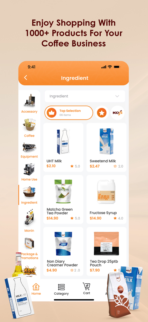 KOFI - Interfaz de la aplicación móvil KOFI que muestra una lista de productos de ingredientes de café como leche y polvo de matcha para dueños de negocios.