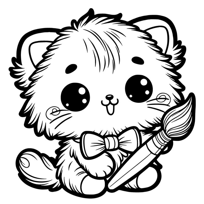 an adorable fluffy kitten holding a paintbrush