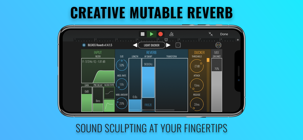 BLEASS Reverb mobile app interface showing creative mutable reverb controls and sound sculpting parameters on a smartphone.