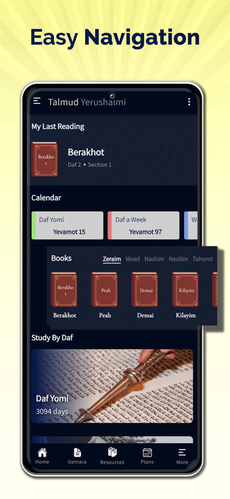 The main dashboard of the Jerusalem Talmud app showing easy navigation and study plans