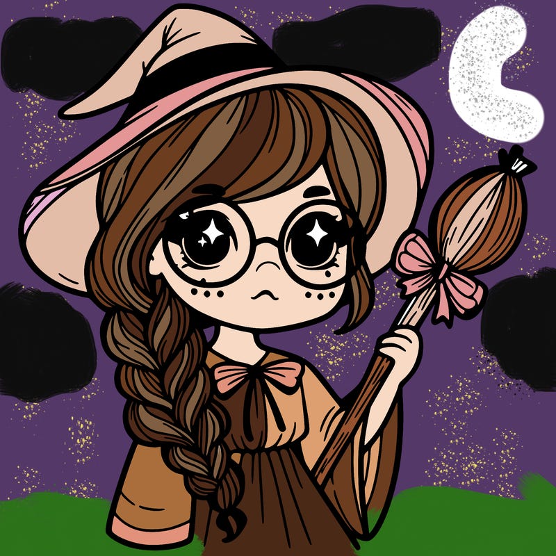 a witch with a braid and two glasses