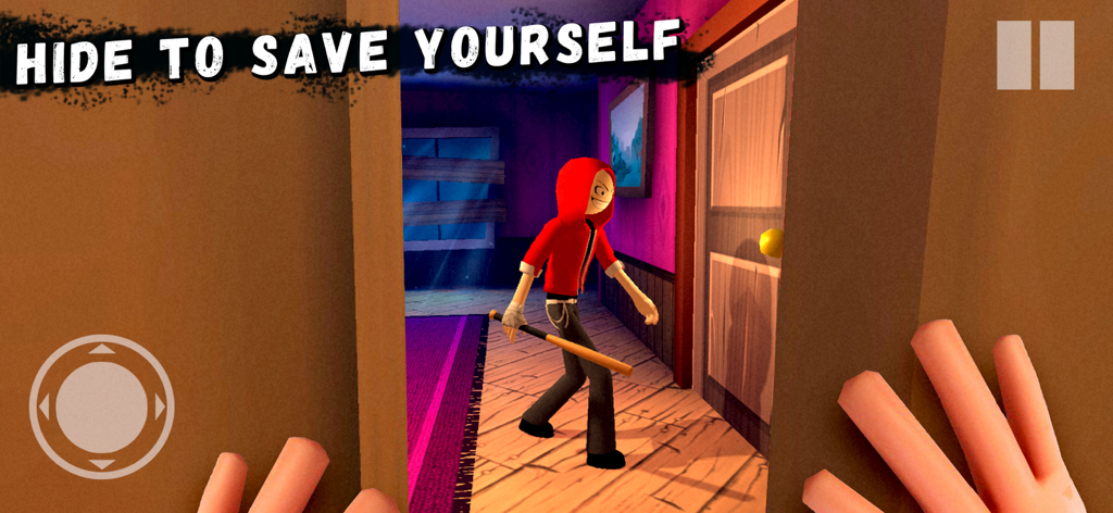 Angry Boy Pedro and His Friend - Perspectiva en primera persona de un jugador escondiéndose de un personaje con una sudadera roja y un bate de béisbol en un juego de terror.