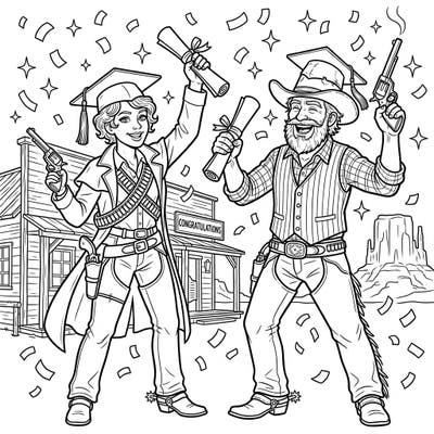 Draw your revolvers and get ready to celebrate a truly unique milestone with this Gunslinger Graduation coloring page. It features two triumphant Western graduates proudly displaying their diplomas and firearms amidst a festive flurry of confetti.