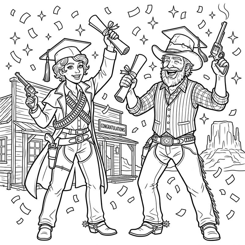 Draw your revolvers and get ready to celebrate a truly unique milestone with this Gunslinger Graduation coloring page. It features two triumphant Western graduates proudly displaying their diplomas and firearms amidst a festive flurry of confetti.
