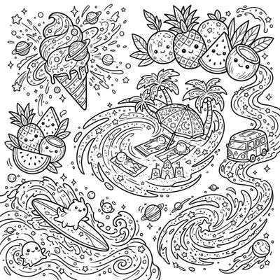 Blast off into a summer adventure with this unique coloring page! Explore a playful universe where starburst galaxies meet tropical beaches, perfect for all ages.