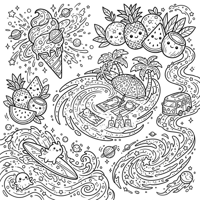 Blast off into a summer adventure with this unique coloring page! Explore a playful universe where starburst galaxies meet tropical beaches, perfect for all ages.