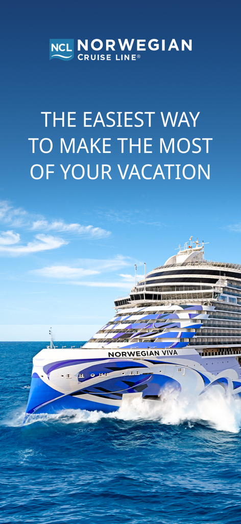 Norwegian Viva cruise ship sailing on the ocean with promotional text for the NCL mobile app