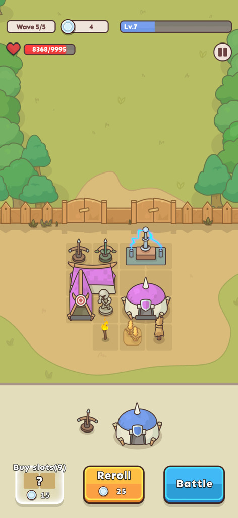 Gameplay screenshot of Fort Guardian showing defensive towers and traps organized on a grid layout before a battle.