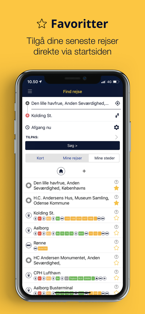 Rejseplanen - Interface de l'application mobile Rejseplanen affichant les itinéraires et destinations de voyage favoris enregistrés au Danemark
