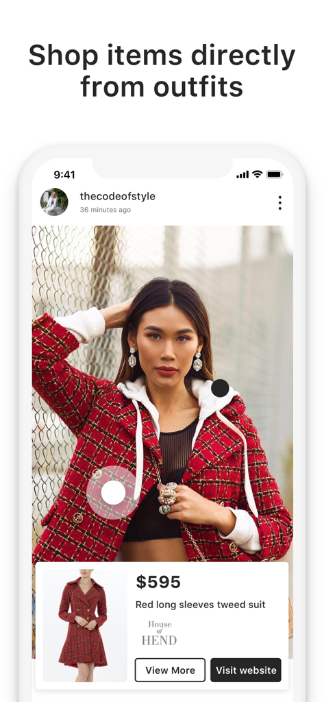 21 Buttons: Fashion Network - App-Bildschirm zeigt eine Mode-Influencerin in einer roten Tweed-Jacke mit direktem Shopping-Link für das Outfit