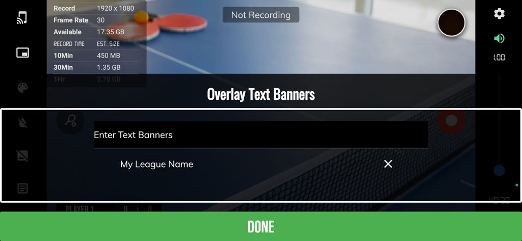 Custom text banner overlay settings for table tennis match recordings
