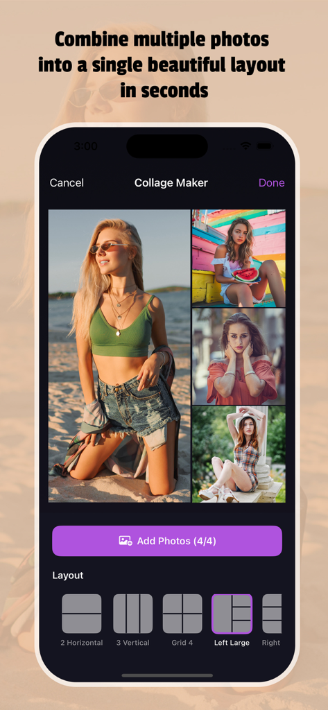 Photo Edit Studio+ - Interfaz de la aplicación Photo Edit Studio plus mostrando la función de creador de collages con un diseño de cuatro fotos y opciones de cuadrícula