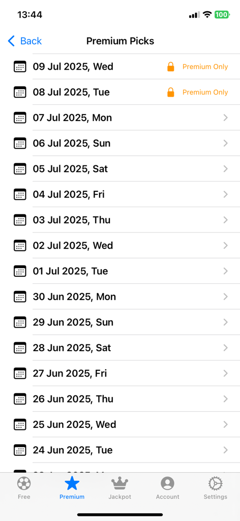 A screen showing premium football match picks sorted by date in the Soccer Platform app