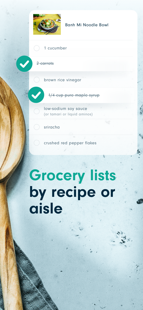Forks Meal Planner - Digital grocery list in the Forks Meal Planner app showing ingredients for a Banh Mi Noodle Bowl recipe