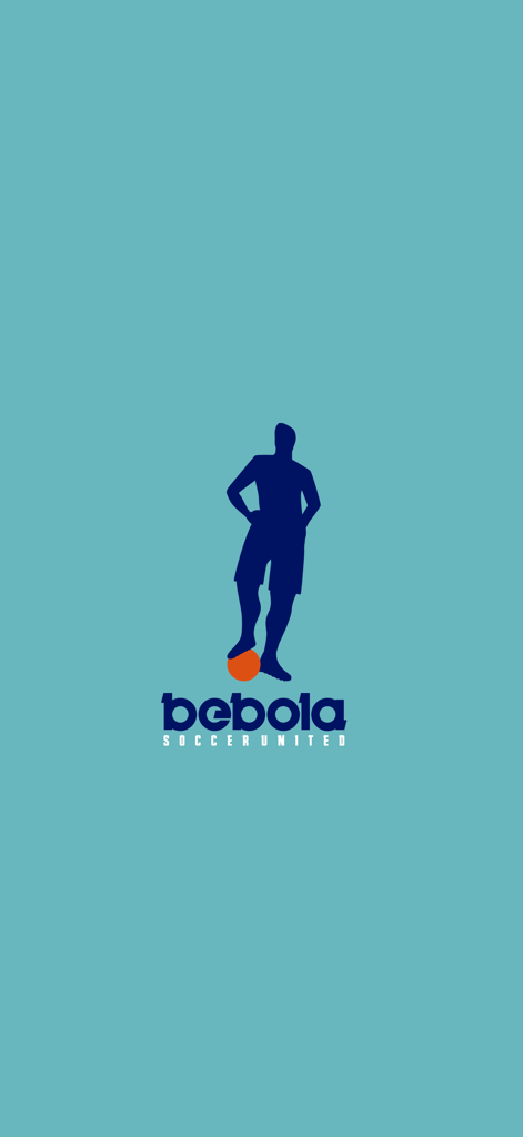 Bebola - Bebola Soccer United app splash screen featuring a soccer player silhouette with a ball on a teal background
