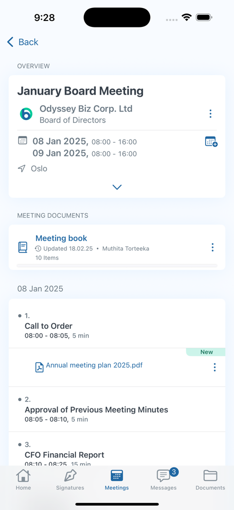 Admincontrol - 取締役会会議の議題と関連文書を表示するAdmincontrolアプリのインターフェイス