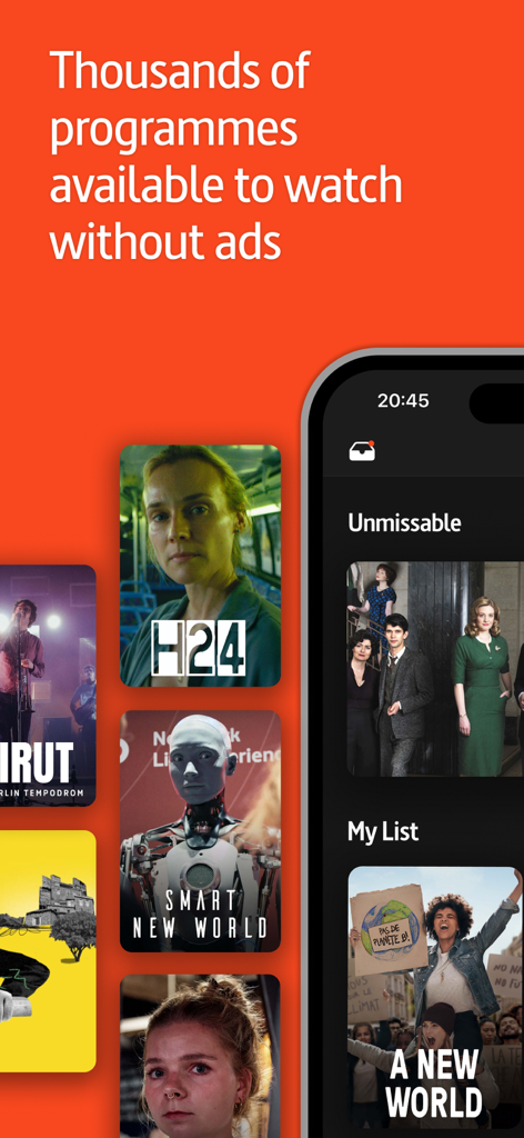 Screenshot of ARTE tv app showing documentary programs and ad-free streaming message