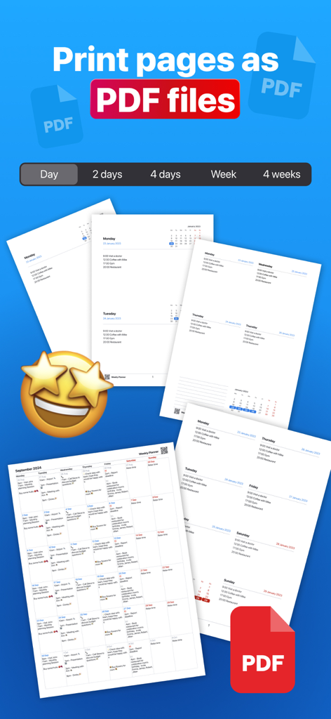 Weekly Planner app feature to export and print pages as PDF files in different layouts