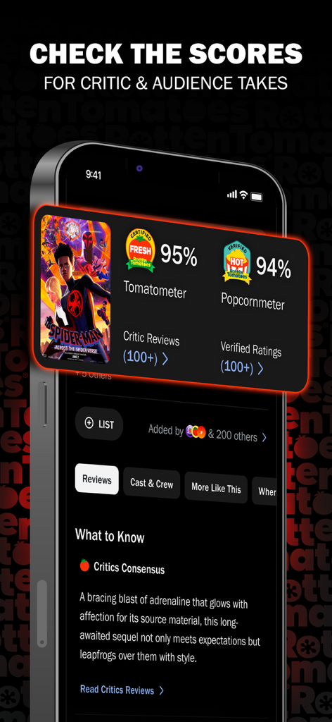 Interface do aplicativo Rotten Tomatoes exibindo pontuações Tomatometer e Popcornmeter para um filme.