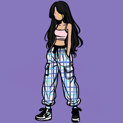 girl in baggy pants crop top and long hair