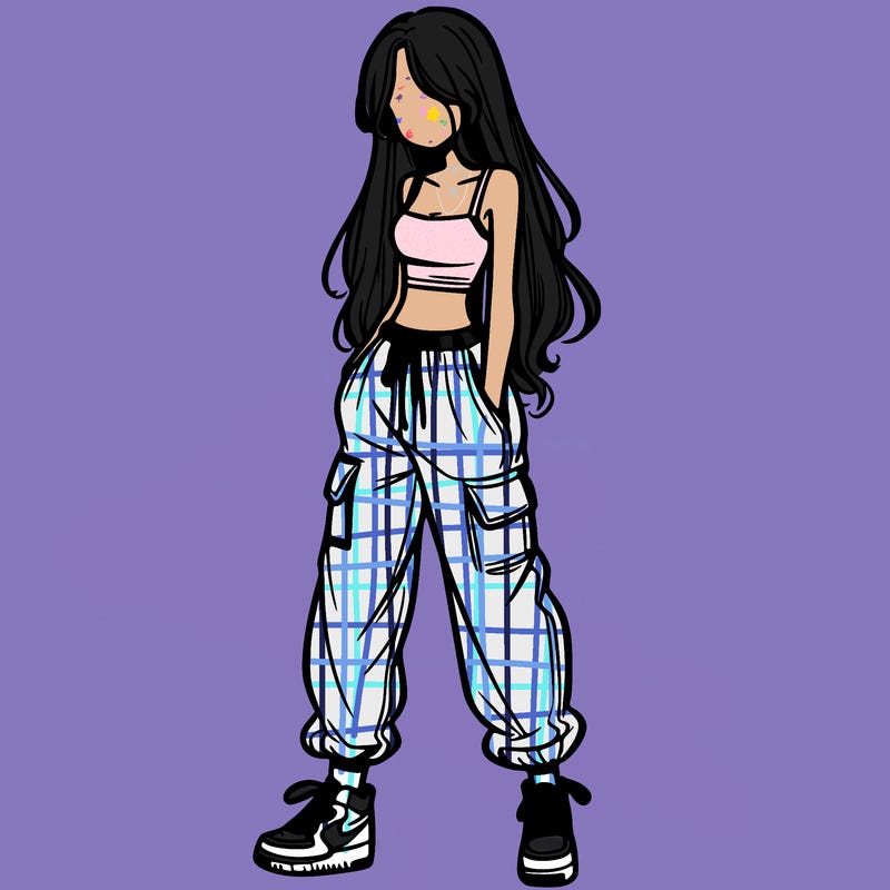 girl in baggy pants crop top and long hair