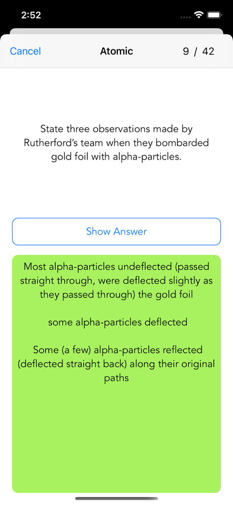 Leaving Cert Chemistry 2025 - A mobile app screen showing a chemistry flashcard with a question and answer about Rutherfords gold foil experiment