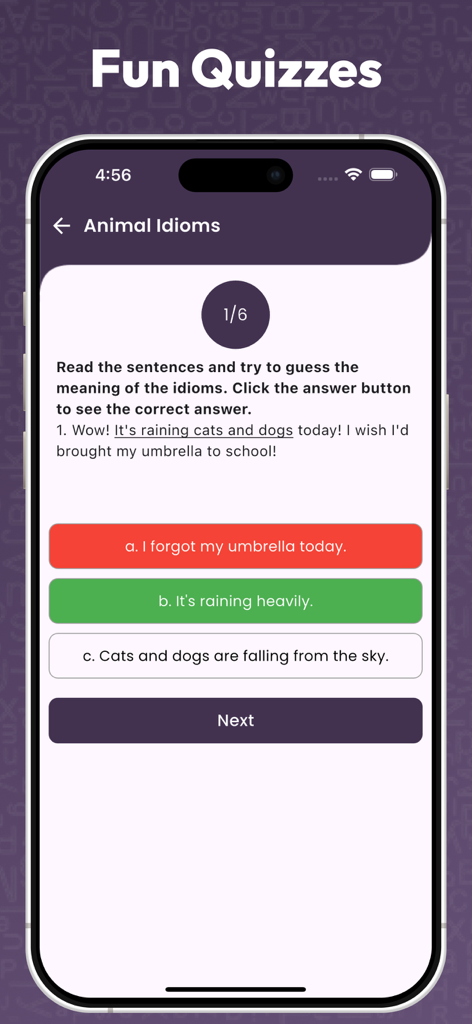 Idioms and Phrases - English - Una pantalla interactiva de cuestionario de opción múltiple que explica el significado del modismo animal 'raining cats and dogs' (llover a cántaros).