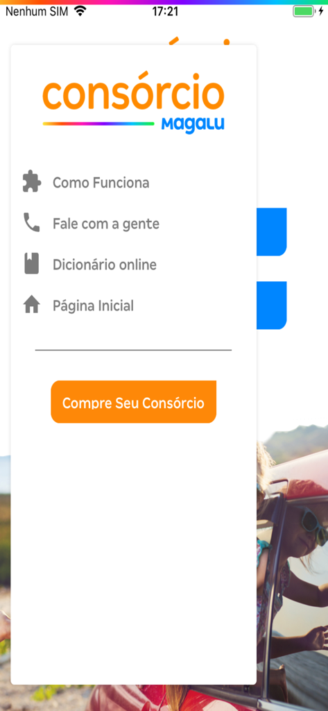 Menu de navegação do aplicativo móvel Consórcio Magalu mostrando opções como como funciona, contato e um botão para comprar um consórcio.