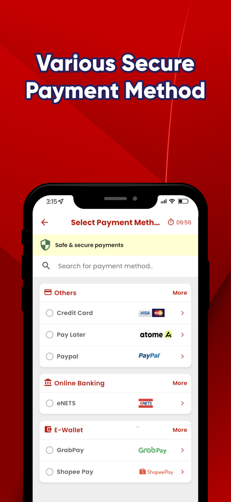 KKKL Travel and Tour - Mobile screen of KKKL Travel app showing various secure payment options like Credit Card, PayPal, and GrabPay.