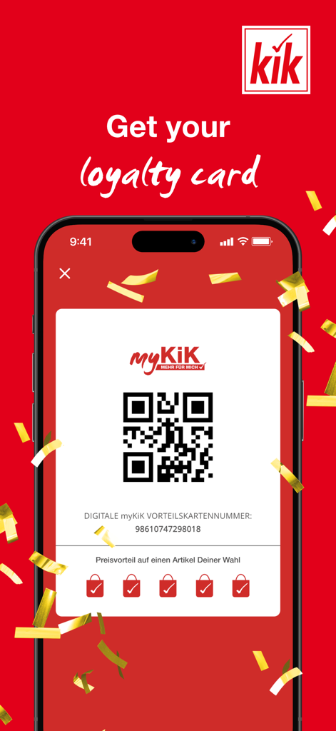 myKiK - Austria - A smartphone screen displaying the myKiK digital loyalty card with a QR code and five reward progress icons.