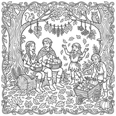 Immerse yourself in the magic of autumn with this delightful coloring page featuring a family of Wood Elves enjoying their forest harvest. This intricate design invites you to bring the vibrant colors of the season to life.