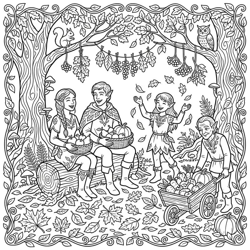 Immerse yourself in the magic of autumn with this delightful coloring page featuring a family of Wood Elves enjoying their forest harvest. This intricate design invites you to bring the vibrant colors of the season to life.