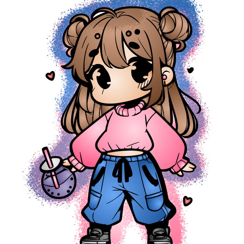 cute manga girl in a sweater and baggy pants with boba