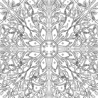 Unleash your inner adventurer with this unique Tree Climbers Mandala coloring page. This intricate design blends the excitement of tree climbing with the serene beauty of a symmetrical mandala.