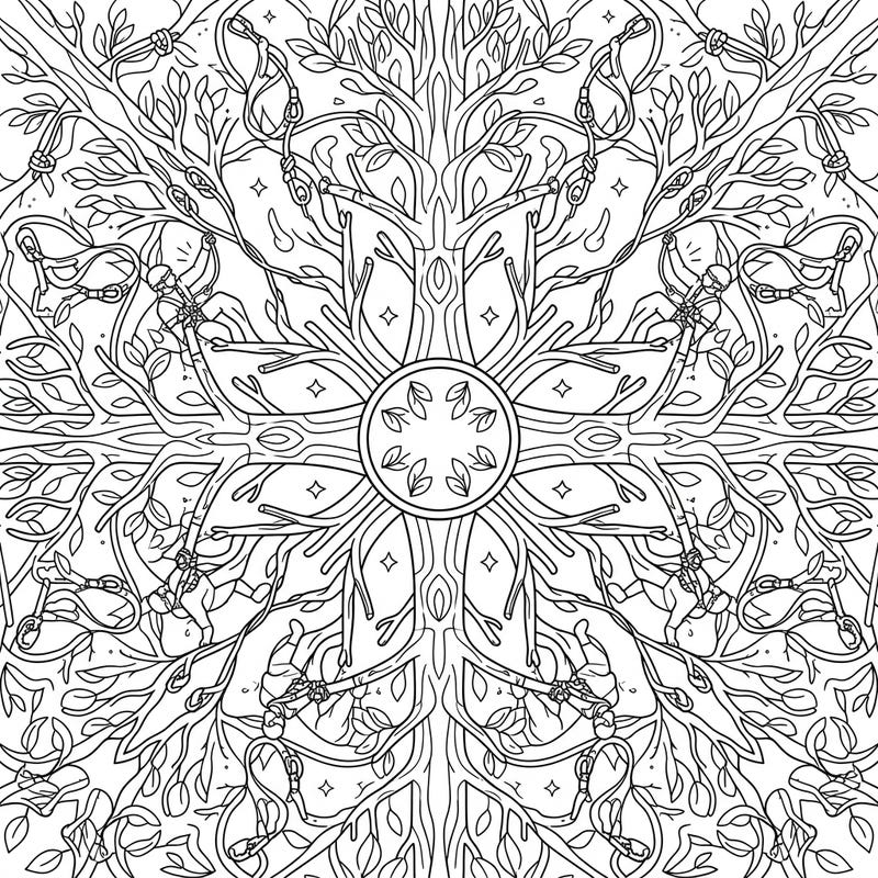 Unleash your inner adventurer with this unique Tree Climbers Mandala coloring page. This intricate design blends the excitement of tree climbing with the serene beauty of a symmetrical mandala.