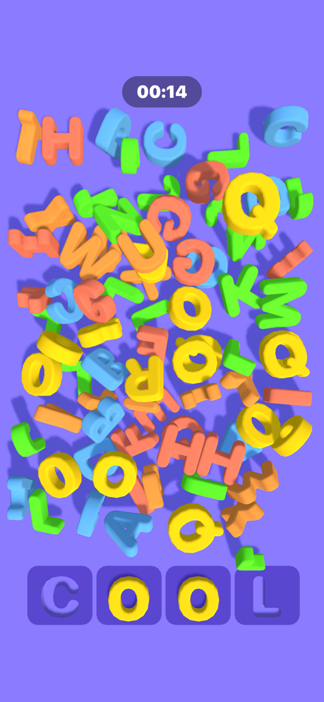 Happy Printer game screen showing a hidden object word puzzle with colorful 3D letters