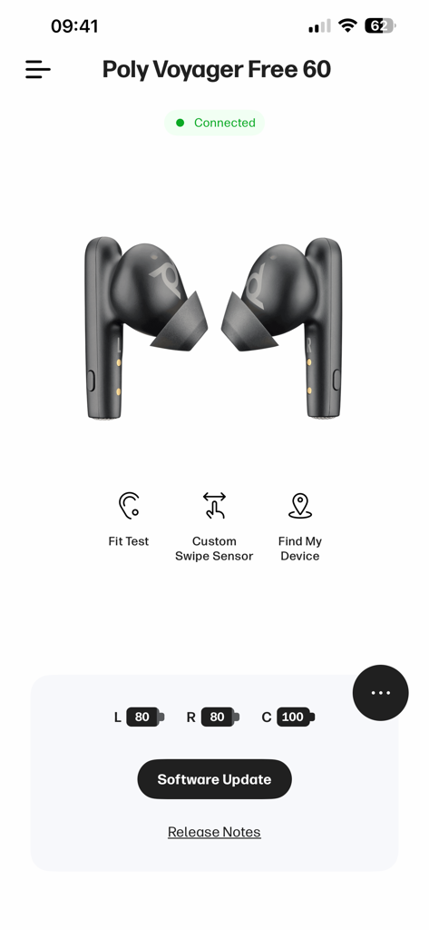 HP Poly Studio Mobile - Tableau de bord de l'application HP Poly Studio Mobile montrant les écouteurs Poly Voyager Free 60 connectés avec les niveaux de batterie et les icônes de fonctionnalités.