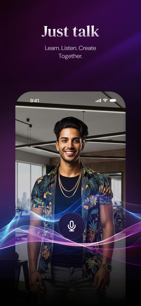 Napster - AI Music & Experts - Napster AI Music app interface showing a video session with a microphone icon and the text Just talk