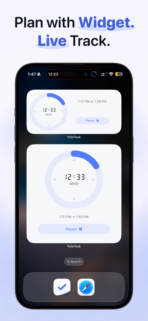 To Do List & Tasks Calendar - iPhone home screen displaying live tracking task widgets with timers and pause controls