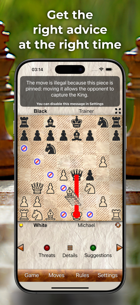 Chess Tiger Pro - Chess Tiger Pro mobile app screen explaining a pinned piece rule