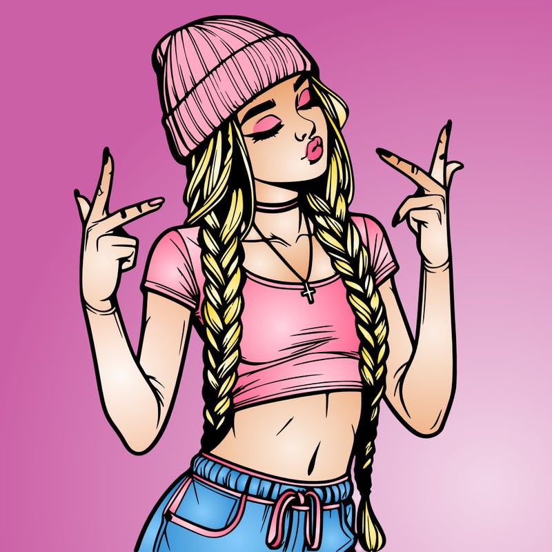 realistic teenage girl with braids and a beanie and crop top doing 🫶🏼