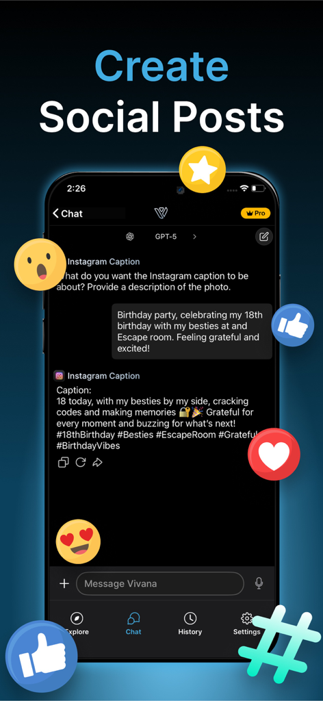 Interfaz de la aplicación Vivana AI generando un pie de foto creativo para Instagram para una fiesta de cumpleaños con hashtags y emojis.