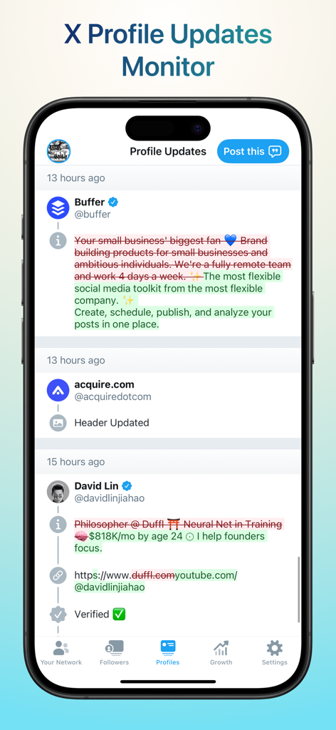 Who Unfollowed Me on X/Twitter - Screenshot of the X profile updates monitor feature tracking bio and link changes