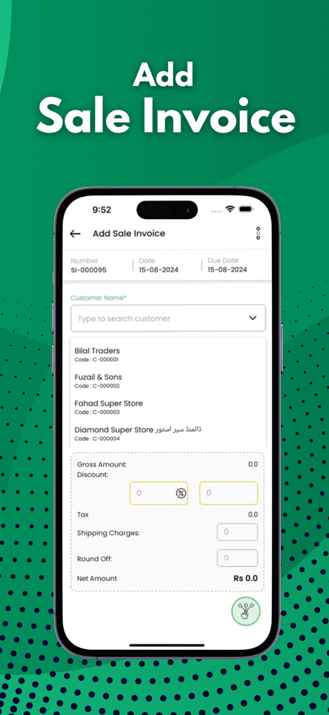 Inventory and Accounting app - Interfaz de la aplicación móvil Splendid Accounts que muestra la pantalla de Añadir Factura de Venta con selección de cliente y detalles de facturación.